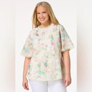 Cato | PLUS SIZE WATERCOLOR EMBROIDERED EYELET TOP